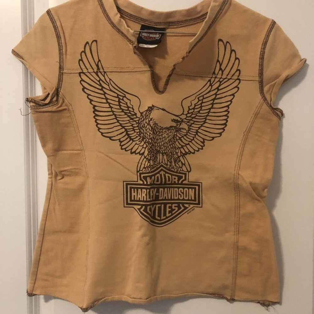 Vintage Harley Davidson Northshore Slidell Louisiana Eagle Womens Tan Shirt 2003